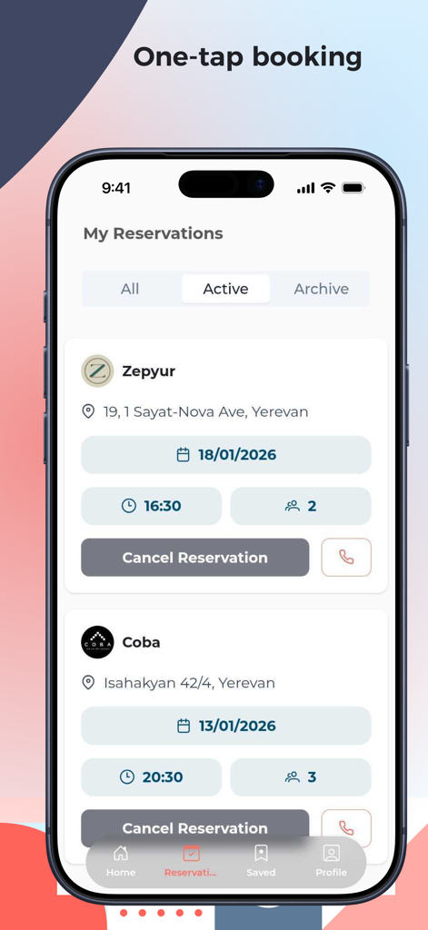 RezX app interface displaying active restaurant reservations with date and time details