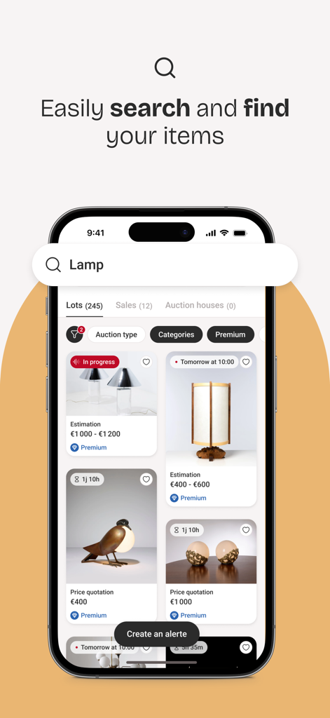 Search results screen on the Interencheres app showing antique lamps for auction with price estimations.