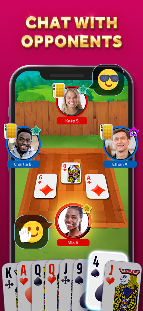 Multiplayer gameplay screen of Spades Online with player chat bubbles and profile photos