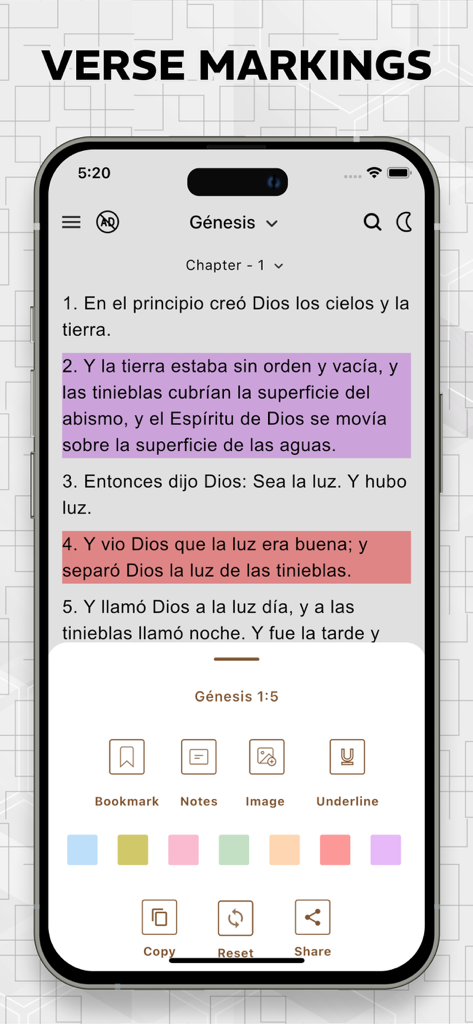 La Biblia de las Américas LBLA - A screenshot of the LBLA Bible app featuring verse marking tools and color highlights for scripture study