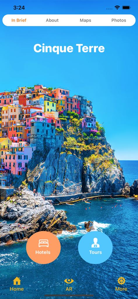 Cinque Terre Travel Guide - Cinque Terre travel guide app home screen featuring a scenic coastal village view and navigation icons for hotels and tours