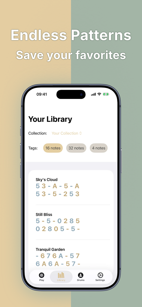 DrumFlow - A library screen in the DrumFlow app showing a list of saved handpan musical patterns and tags