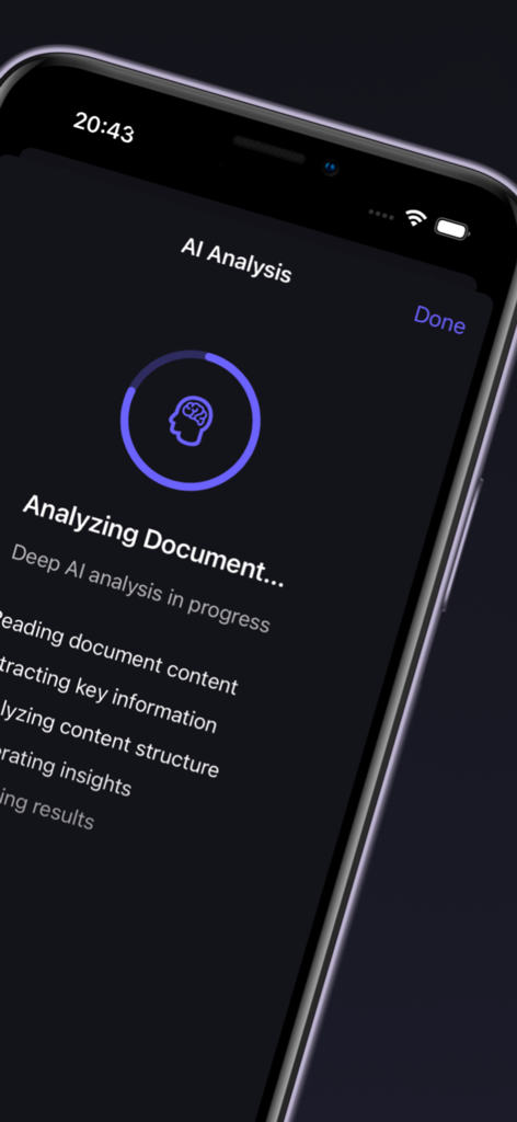 Scanly - AI Scanner Pro Scan - Scanly App-Oberfläche, die eine tiefe KI-Dokumentenanalyse mit einem kreisförmigen Fortschrittsbalken und einer Funktionscheckliste zeigt