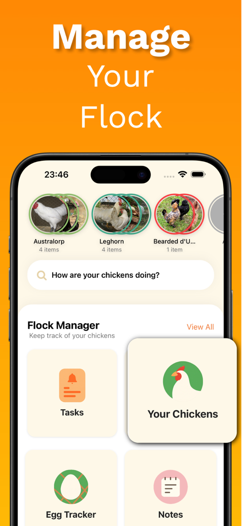 Chicken Identifier – RoostScan - Interfaz de la aplicación RoostScan que muestra el panel del Gestor de Parvada con rastreador de huevos y lista de razas.