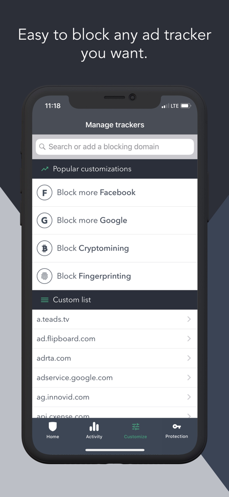 PrivacyPro SmartVPN & Firewall - PrivacyPro app interface showing options to block ad trackers from Facebook Google and cryptomining.
