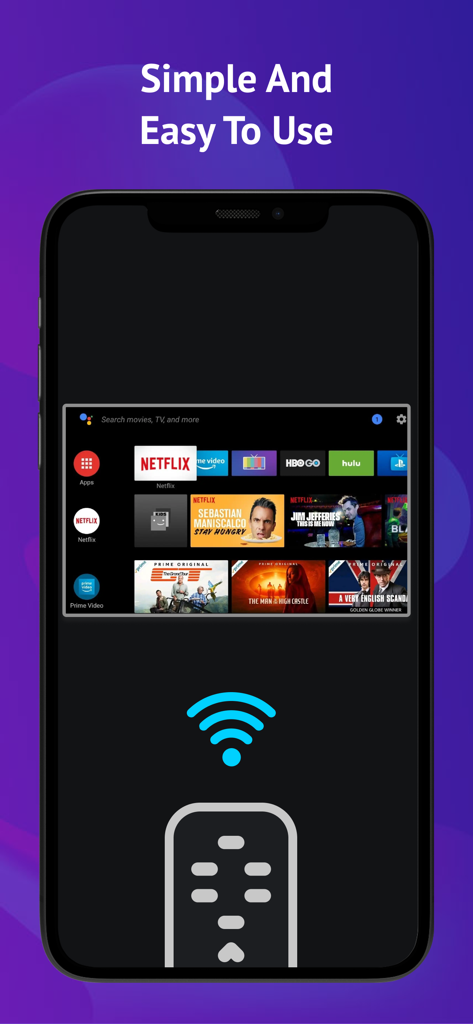 TV Remote - Universal Control• - Smartphone screen displaying the simple and easy to use interface of a universal TV remote app connecting to various streaming services.