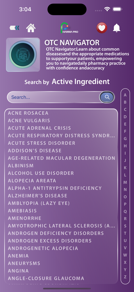 OTC Navigator screen in the Pharma Pro app displaying an alphabetical list of medical conditions and search functionality.