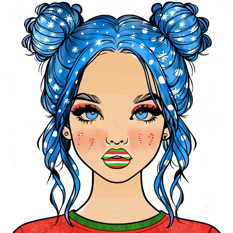 realistic girl with two buns in hair and lips