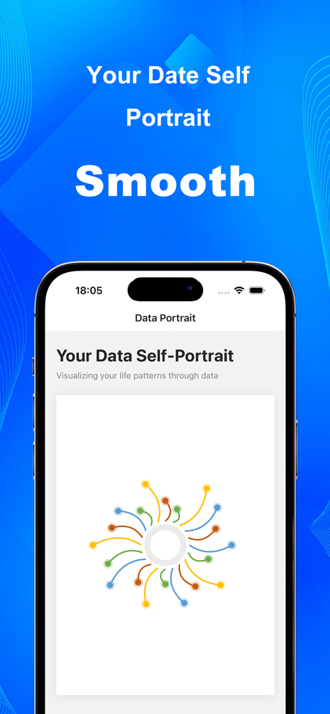 Data Self - Portrait - A smartphone screen showing a colorful abstract circular data visualization representing personal life patterns.