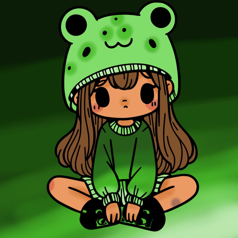 a girl wearing a frog hat and some frog socks
