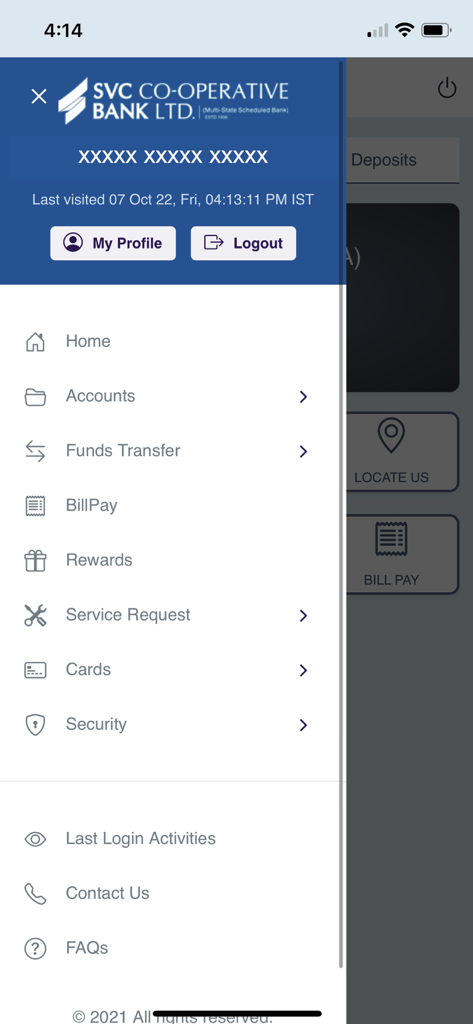 SVC Mobile - The navigation menu of SVC Mobile banking app showing various financial services and account settings.