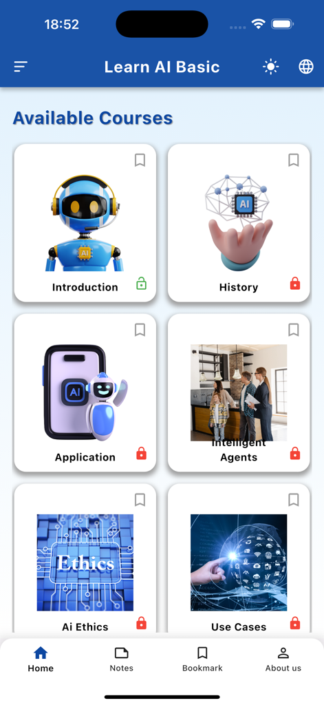 Learn AI (LA) - Una interfaz móvil para la aplicación Aprende IA que muestra varios módulos educativos, incluyendo Introducción, Historia, Aplicación y Ética de la IA