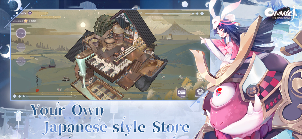 Una captura de pantalla del sistema de gestión de tiendas Shotengai en Onmyoji The Card Game que muestra un diseño de cervecería de estilo japonés tradicional