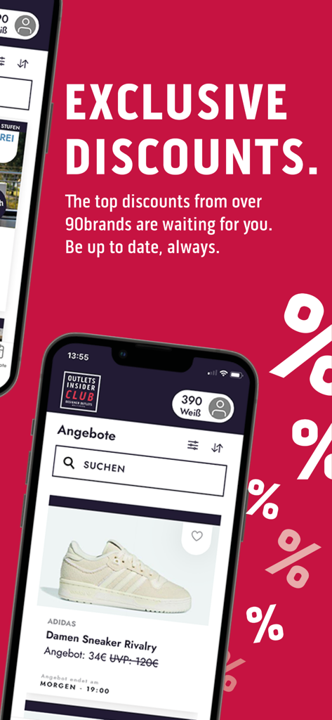 Designer Outlets Wolfsburg - Bildschirm der App der Designer Outlets Wolfsburg, der exklusive Rabatte und Markenangebote anzeigt