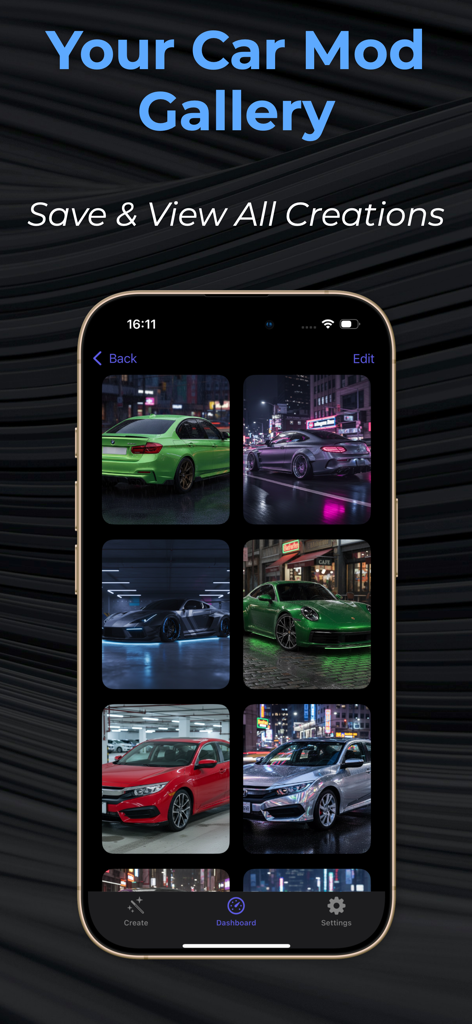 Car Mod & Tuning AI - Paul - Vista del panel de control de la aplicación Car Mod y Tuning AI que muestra una galería de diseños de coches guardados.