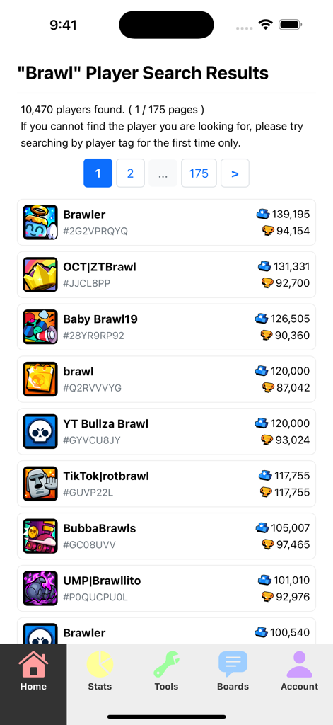 Une liste de résultats de recherche de joueurs dans l'application Brawl Insights montrant les noms, les identifiants uniques des joueurs et les statistiques de trophées.