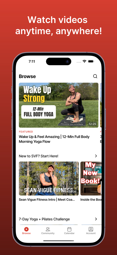 Sean Vigue Fitness mobile app browse interface showing various yoga and pilates workout videos