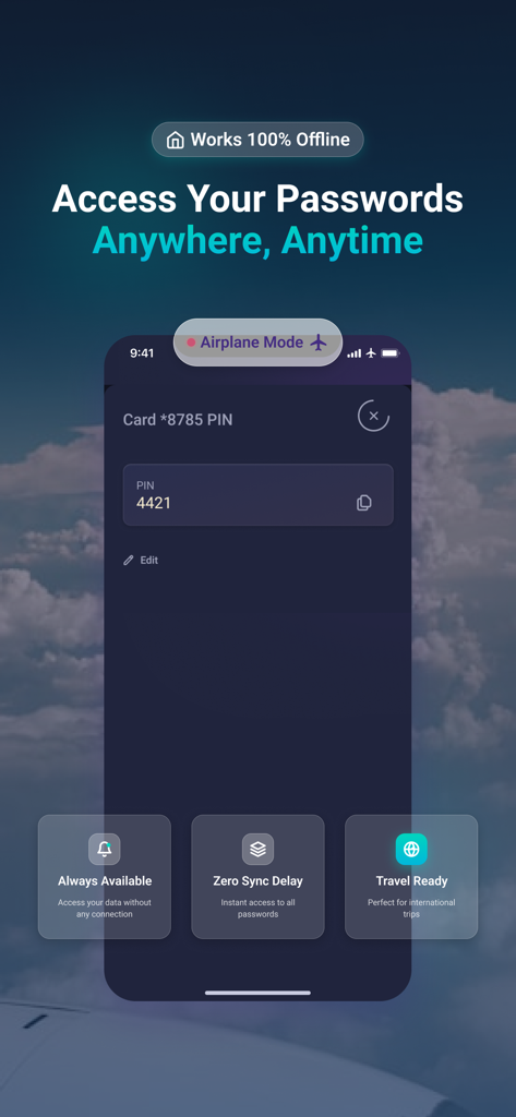 Passkeep - Password Keeper - Passkeep app interface showing a secure PIN code while in airplane mode with text highlighting offline availability and zero sync delay