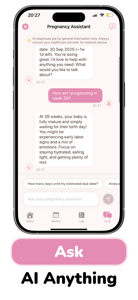 Track Pregnancy: Baby Tracker - Interfaz de chat del asistente de IA de seguimiento del embarazo que proporciona consejos para la semana treinta y nueve del embarazo en un dispositivo móvil