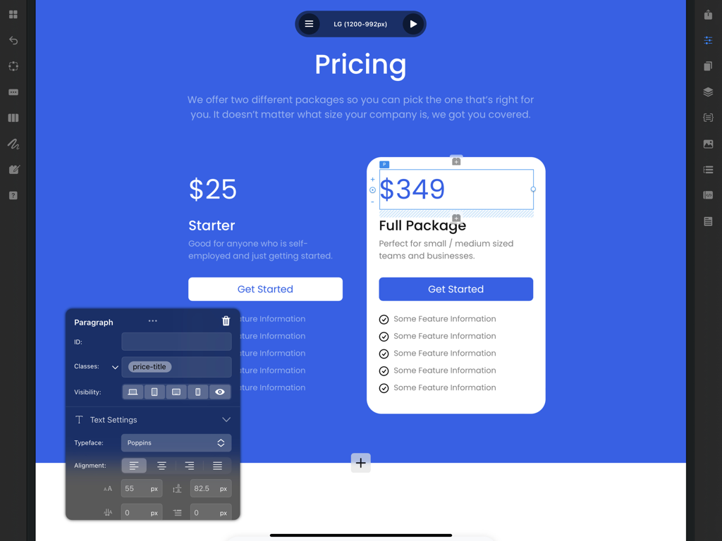 Interfaz de aplicación de iPad para el creador de sitios web Blocs que muestra el diseño y estilo de una sección de precios con panel de ajustes de texto
