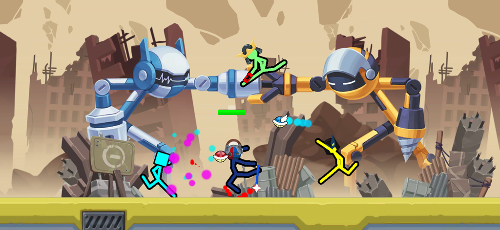 Supreme Duelist - Des personnages de stickman colorés dans une bataille physique chaotique avec des robots géants