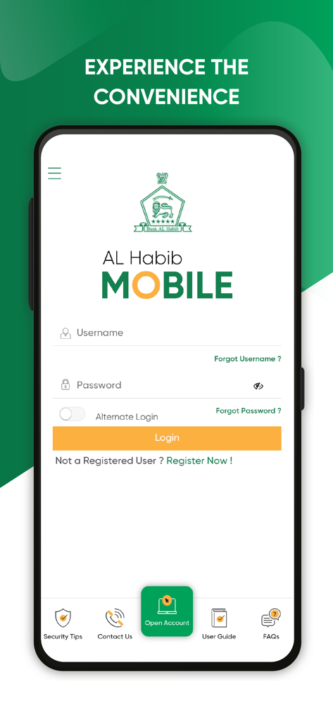 Login screen of the AL Habib Mobile banking app with fields for username and password