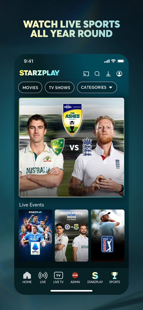 STARZPLAY ستارزبلاي - L'interface de l'application STARZPLAY diffuse des événements sportifs en direct, notamment du cricket et du football.