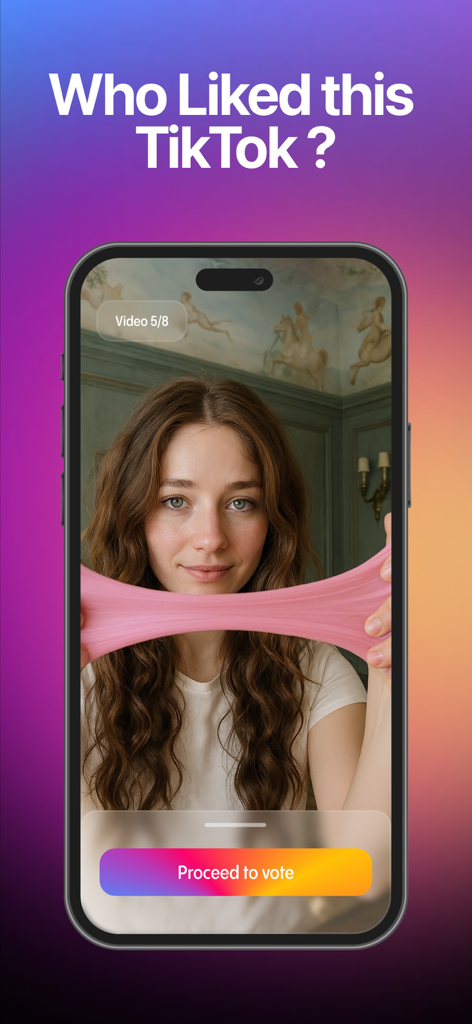 WhoLiked: Guess Likes Reposts - Oberfläche der WhoLiked-App, die ein TikTok-Video und eine Abstimm-Schaltfläche anzeigt