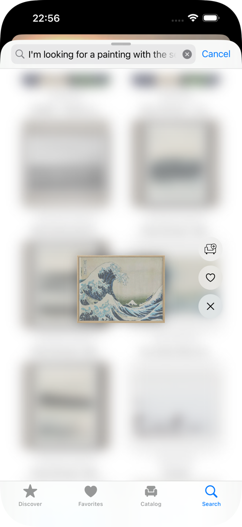 HomeByMe Reality – Deco 3D - Screenshot of the HomeByMe Reality app showing natural language search results for wall art and decor