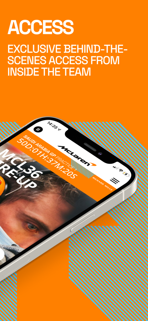 Un smartphone mostrando la app de McLaren Racing con texto sobre acceso exclusivo detrás de cámaras.