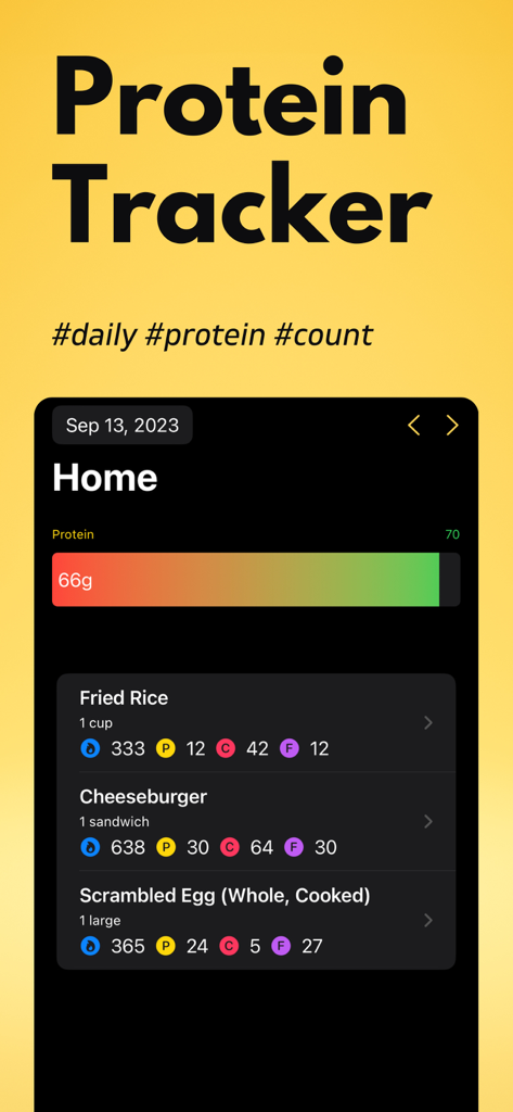 Protein Tracker+ - Panel de inicio de Protein Tracker Plus que muestra la barra de progreso diario de proteínas y las entradas del registro de comidas