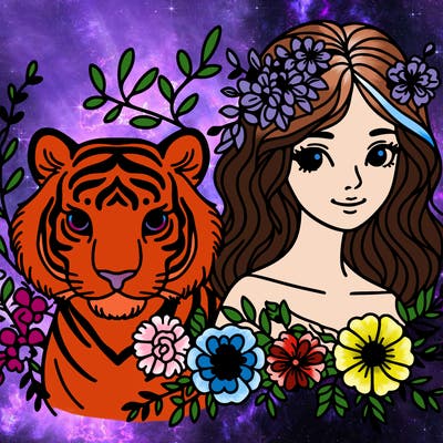 woman and tiger with flowers
