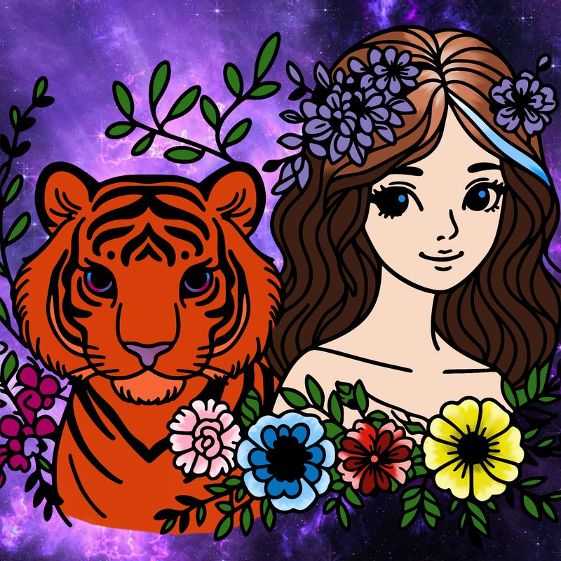 woman and tiger with flowers