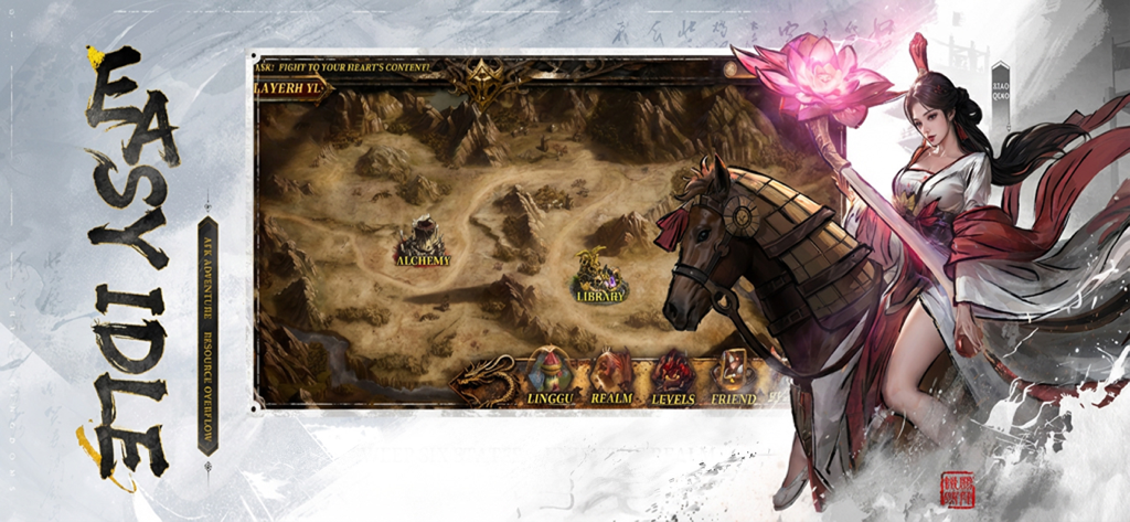 Alchemy and Vault - Interface de carte du jeu Alchimie et Coffre avec un personnage à cheval.