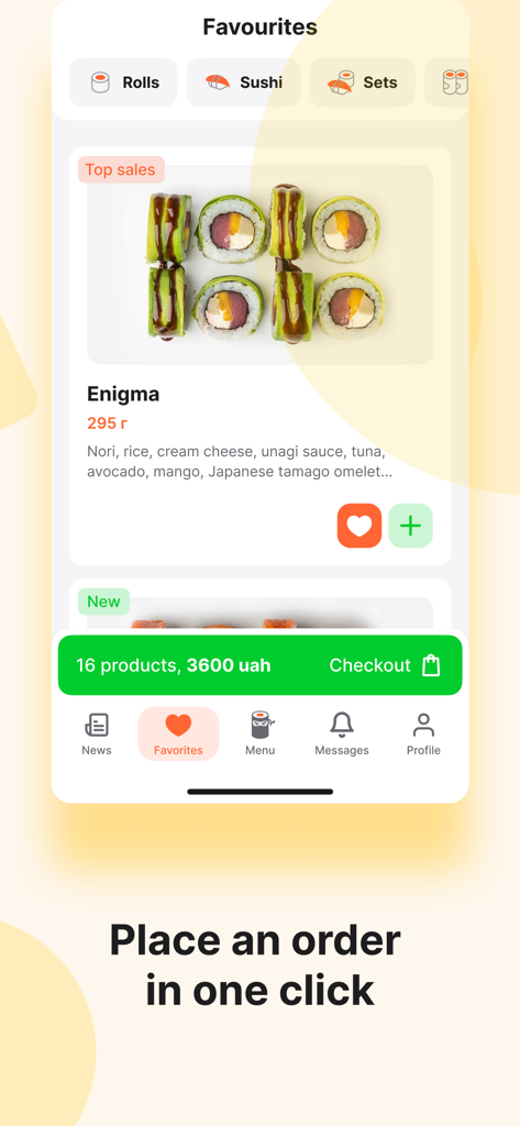 Ninja Sushi mobile app interface showing favorite items and checkout process
