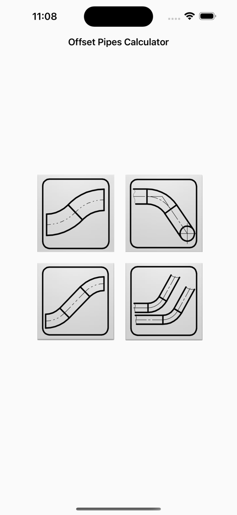 Main menu of the Pipe Offset Calculator Pro app displaying four icons for different piping offset configurations