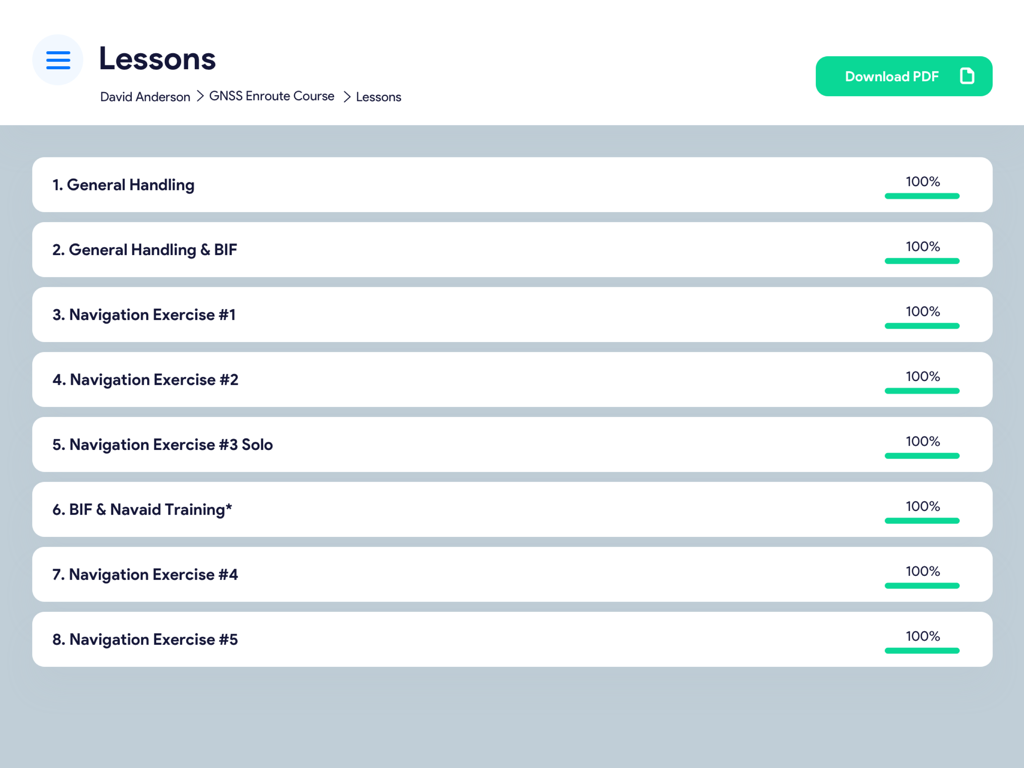 A list of completed lessons for an aviation course within the Check and Train iPad app