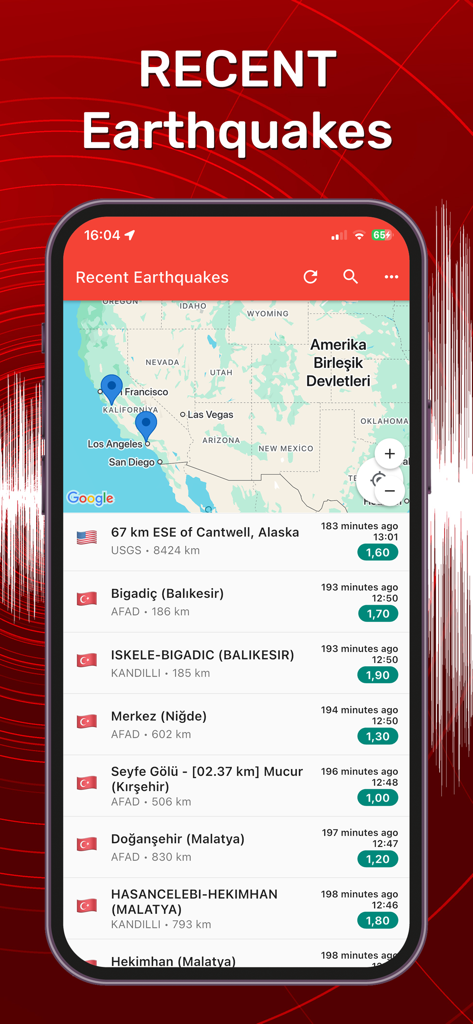 최신 지진 앱의 화면으로, 지진 활동 지도와 최근 이벤트 목록 표시