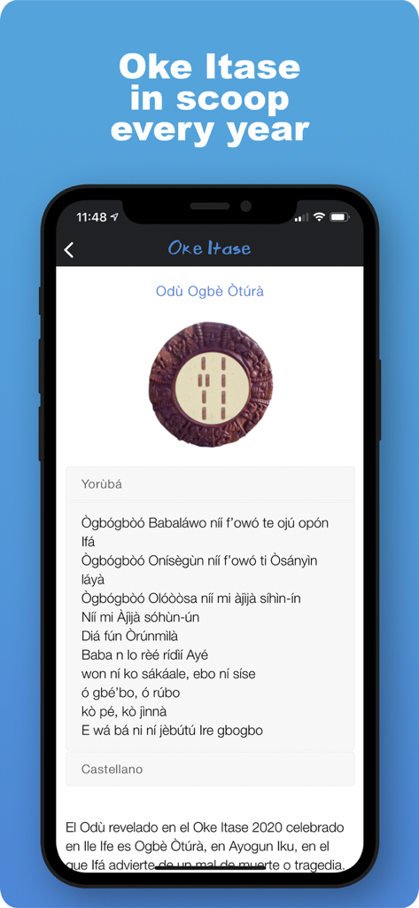 Ojú Odù - Oju Odu app interface showing Yoruba Ifa verses and the Oke Itase divination sign.