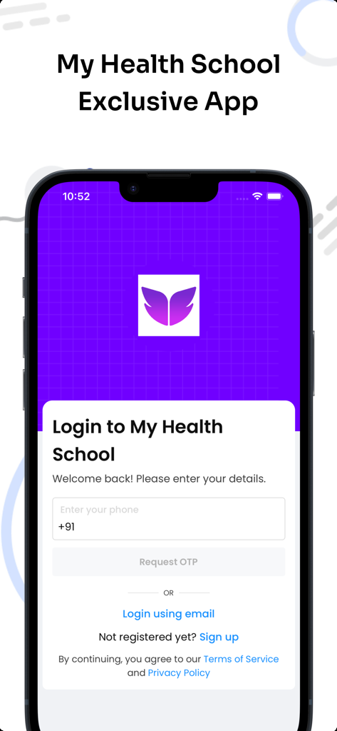 My Health School - Schermata di accesso dell'app My Health School con opzioni per l'accesso tramite numero di telefono ed email