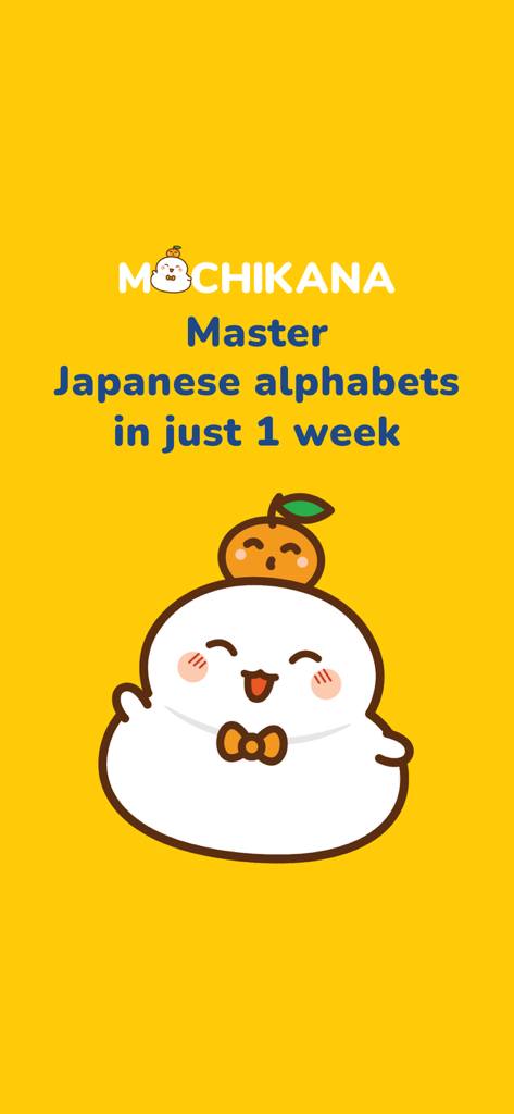 Cute white mascot on yellow background for MochiKana app promoting mastering Japanese alphabets in one week
