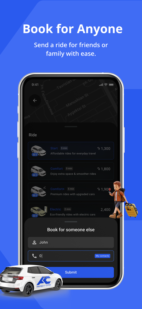 Apex Cab - Écran de l'application mobile Apex Cab montrant la fonction Réserver pour quelqu'un avec les options de véhicules et les coordonnées pour envoyer un trajet.