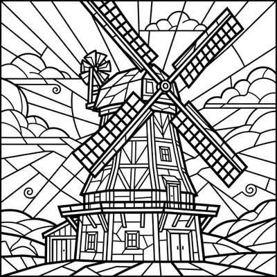 Embark on a creative journey with this stunning smock mill coloring page, rendered in an captivating stained glass style. Its intricate design with bold outlines offers a delightful challenge for colorists of all levels.