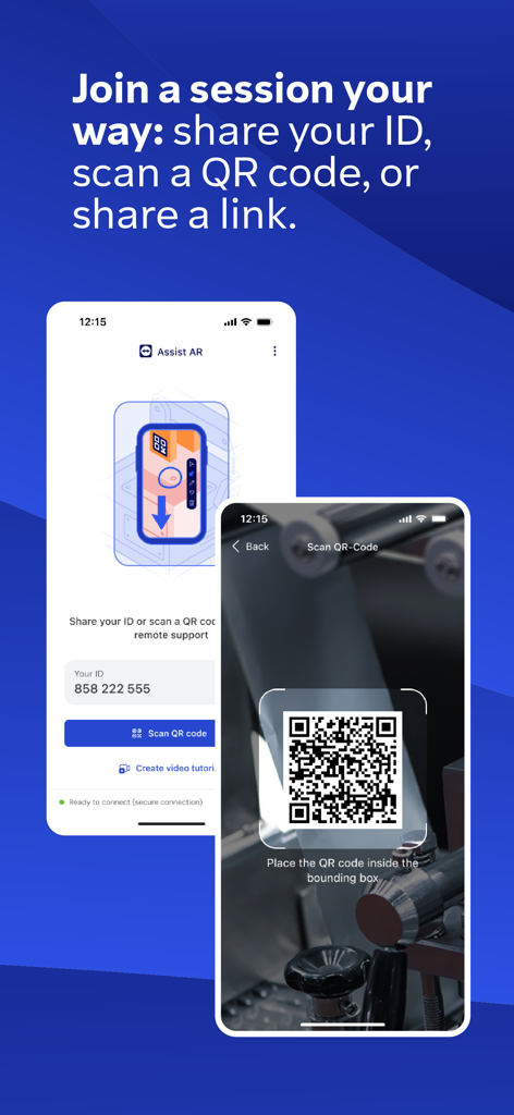 Interfaz de aplicación móvil que muestra cómo unirse a una sesión de soporte remoto escaneando un código QR o introduciendo un ID de usuario