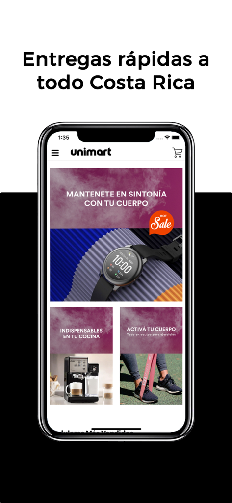 Unimart.com - コスタリカでの迅速な配送を宣伝するバナーと、スマートウォッチや家電製品を含む様々な商品が表示されたUnimartアプリを示すスマートフォン