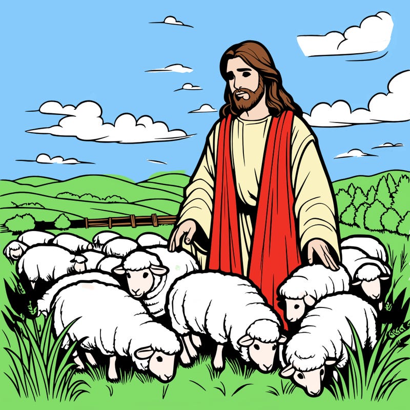 jesus in a field with sheep realistic