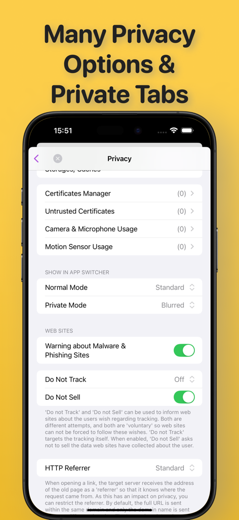 iCab Mobile (Web Browser) - Menú de configuración de privacidad del navegador iCab Mobile mostrando opciones de seguridad y configuración del modo privado