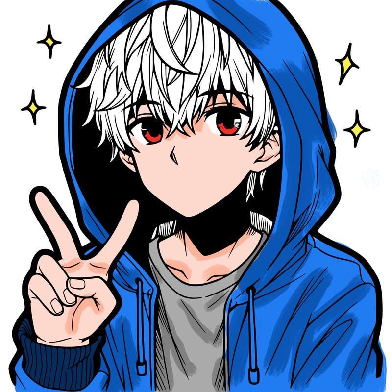 teenage manga boy in a hoodie, doing ✌