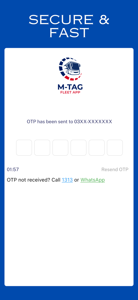 M-TAG Fleet - M-TAG Fleet app secure OTP login verification screen showing input fields and support options