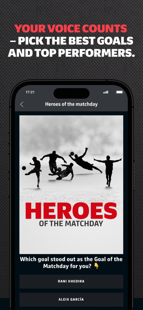 Interface of the Bundesliga app showing a voting poll for Heroes of the Matchday and Goal of the Matchday.